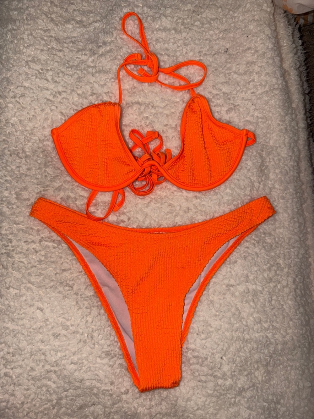 SHEIN Neon Orange Textured Lace-Up Bikini Set